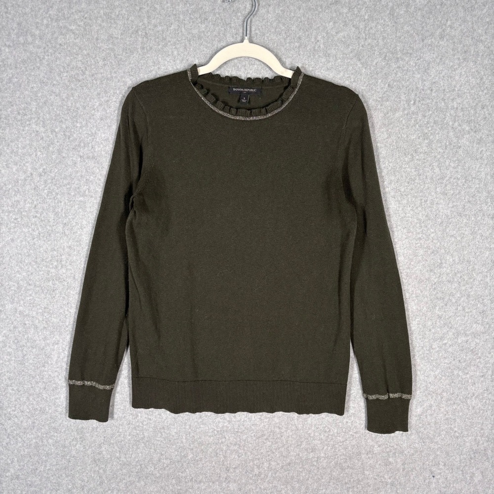 Banana Republic Sweater Small Olive Army Cotton Cashmere Ruffle Sparkle Academia